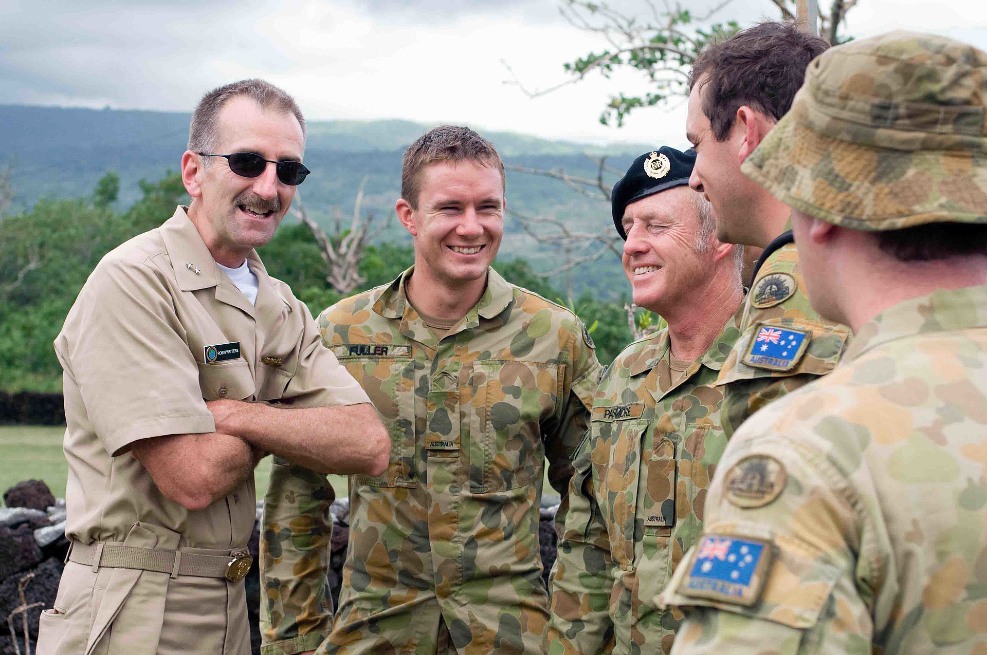 SAVAI, Samoa (July 3, 2009) Reserve Deputy and Chief of Staff, U.S. Pacific Fleet, Rear Adm. Robin M. Watters greets an Australian Army engineering contingent. The Australian engineers will meet up with the Seabees of Amphibious Construction Battalion (ACB) 1 and Naval Mobile Construction Battalion (NMCB) 1 who are currently renovating the assembly hall at the Sasina Primary School during a Engineering Civic Action Project (ENCAP) held during Pacific Partnership 2009. The Sasina Primary School provides education for children first through eighth grade and acts as a community meeting hall when school is not in session. The U.S. Navy's Pacific Partnership is the dedicated humanitarian and civil assistance mission conducted by, with and through partner nations, non-governmental organizations and other U.S. and international government agencies to execute a variety of humanitarian civic action missions in the Pacific Fleet area of responsibility. This year Pacific Partnership will travel to Oceania, including Kiribati, Republic of the Marshall Islands, Samoa, Solomon Islands and Tonga. (U.S. Navy photo by Mass Communication Specialist 2nd Class Joshua Valcarcel/Released)